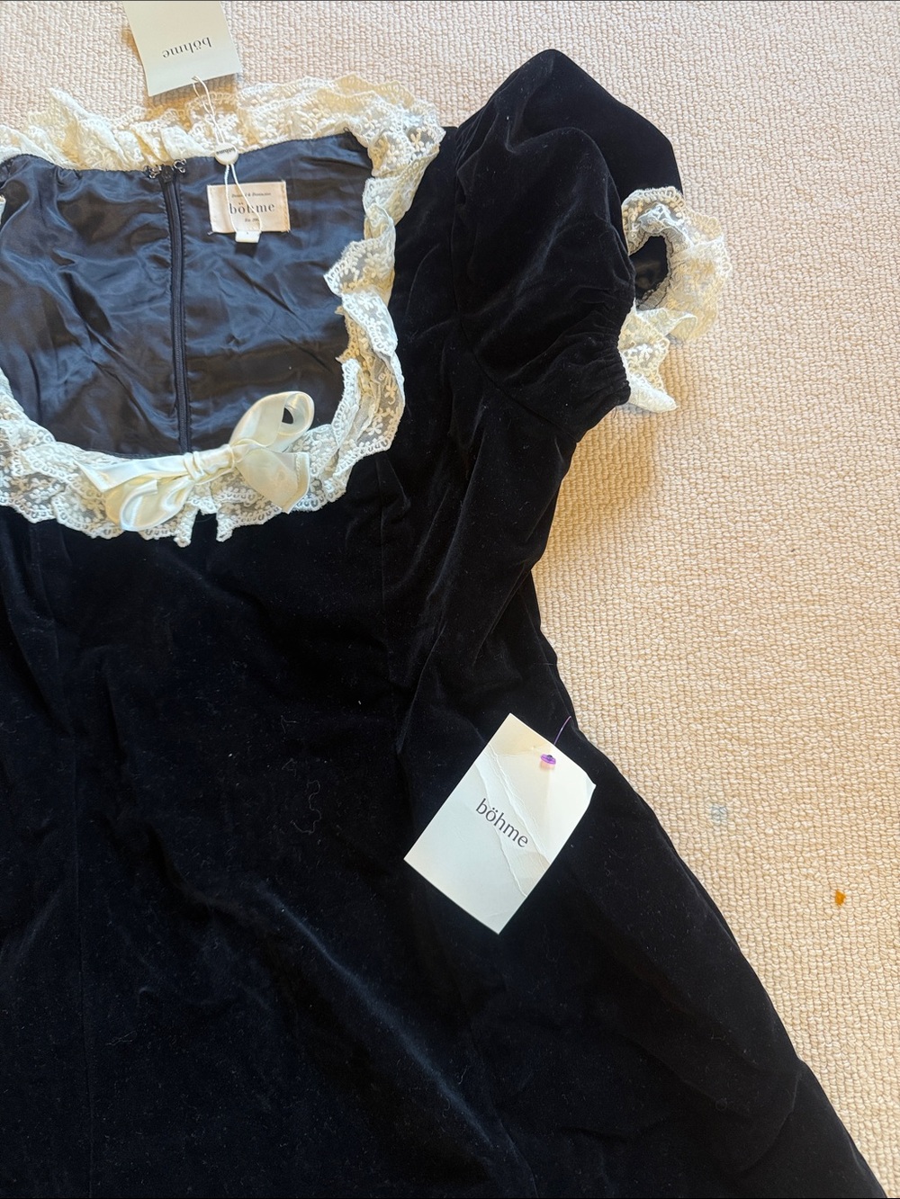 Boheme Black Velvet Mini Dress with Cream Lace Trim - Picture 4 of 4